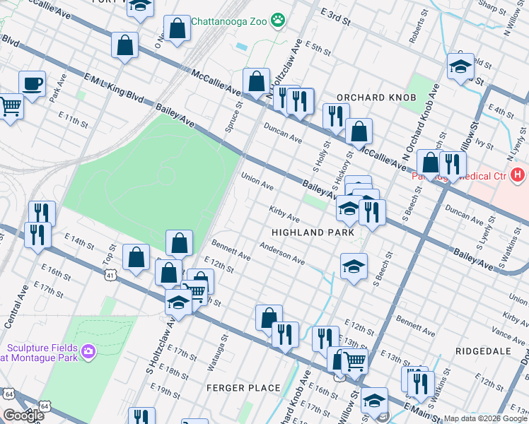 map of restaurants, bars, coffee shops, grocery stores, and more near 709 South Highland Park Avenue in Chattanooga
