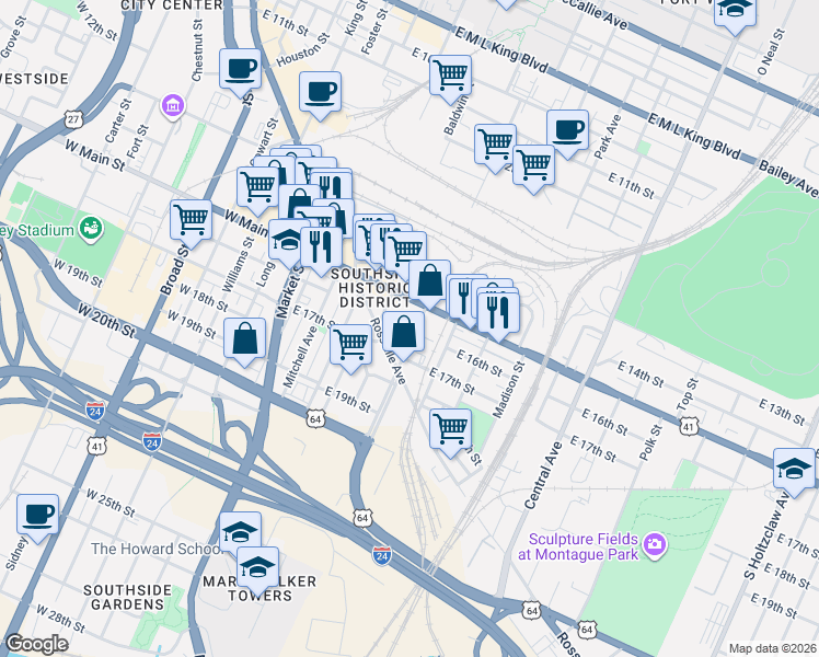 map of restaurants, bars, coffee shops, grocery stores, and more near 1518 Rossville Avenue in Chattanooga