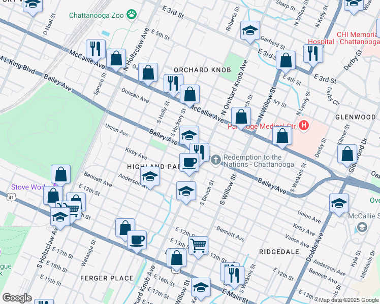 map of restaurants, bars, coffee shops, grocery stores, and more near 1802 Bailey Avenue in Chattanooga