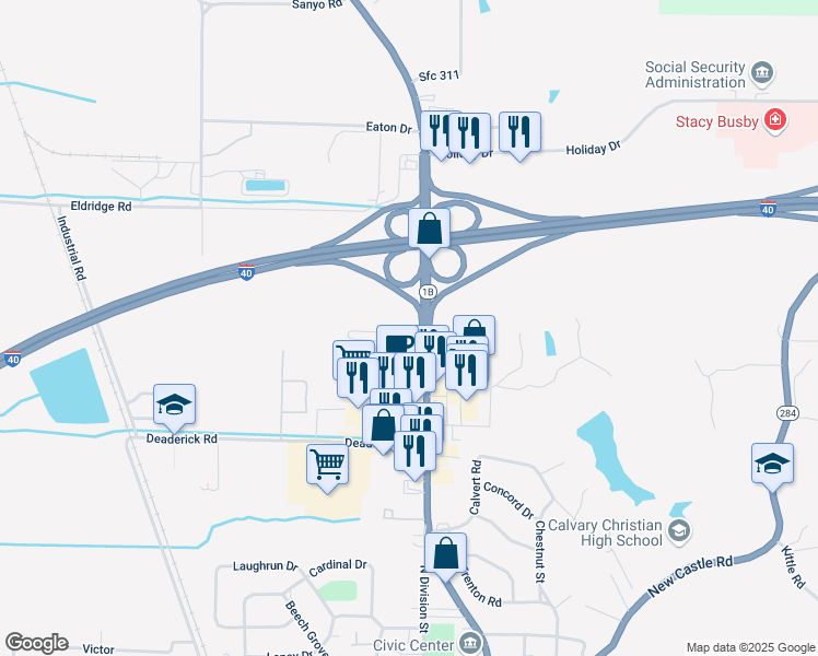 map of restaurants, bars, coffee shops, grocery stores, and more near 220 Eldridge Road in Forrest City