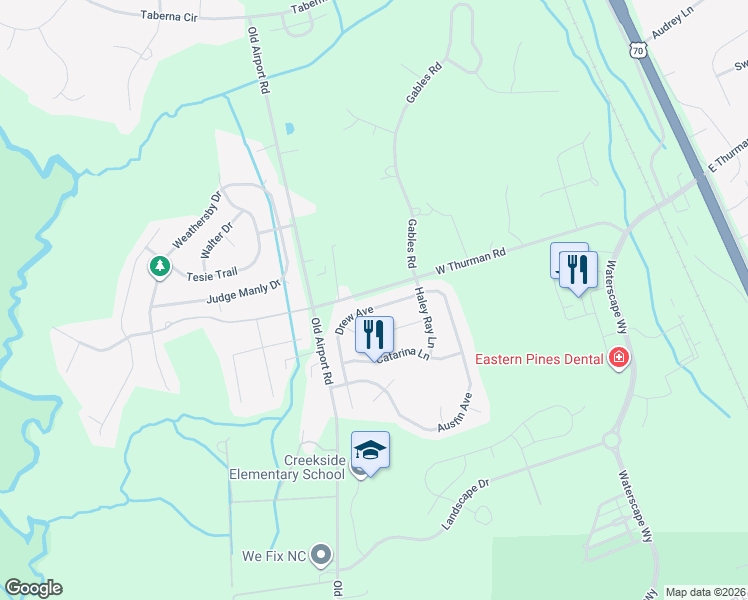 map of restaurants, bars, coffee shops, grocery stores, and more near 3108 Drew Avenue in New Bern