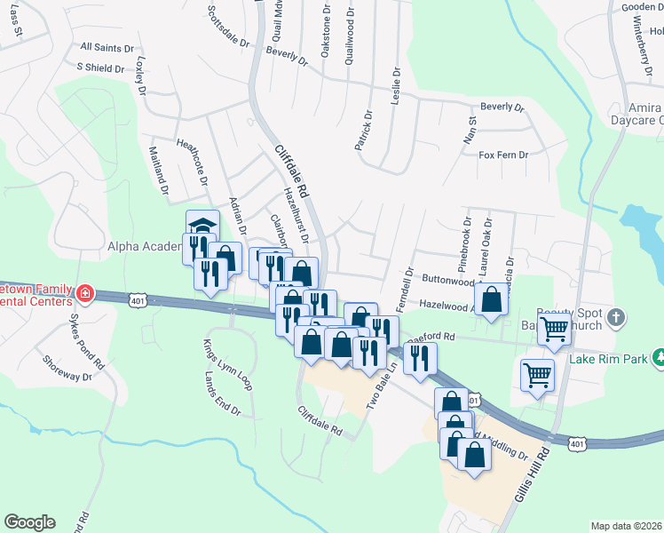 map of restaurants, bars, coffee shops, grocery stores, and more near 1512 Dovetail Drive in Fayetteville
