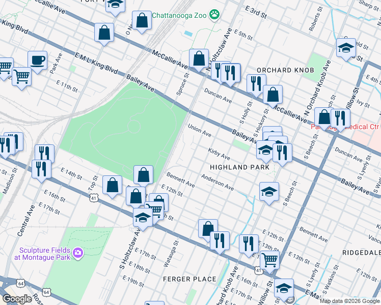 map of restaurants, bars, coffee shops, grocery stores, and more near 795 South Greenwood Avenue in Chattanooga