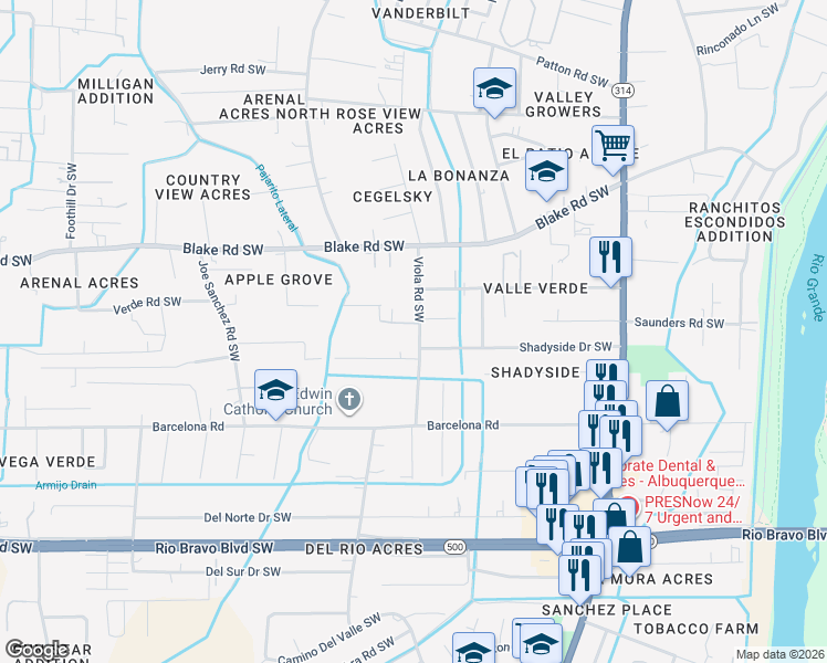 map of restaurants, bars, coffee shops, grocery stores, and more near 2825 Viola Road Southwest in Albuquerque