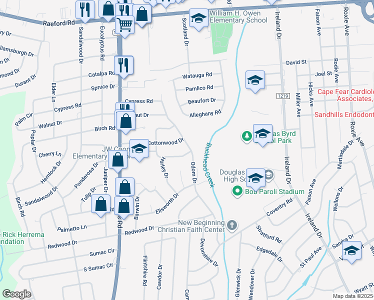 map of restaurants, bars, coffee shops, grocery stores, and more near 4802 Hurley Drive in Fayetteville