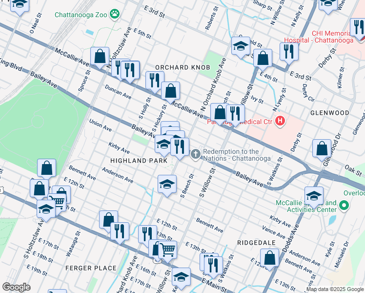 map of restaurants, bars, coffee shops, grocery stores, and more near 1815 Bailey Avenue in Chattanooga
