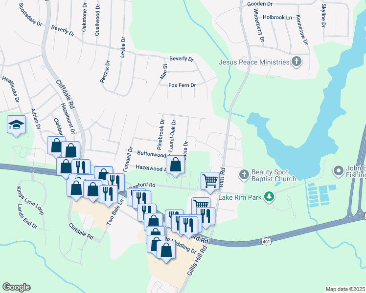 map of restaurants, bars, coffee shops, grocery stores, and more near 1504 Acacia Drive in Fayetteville