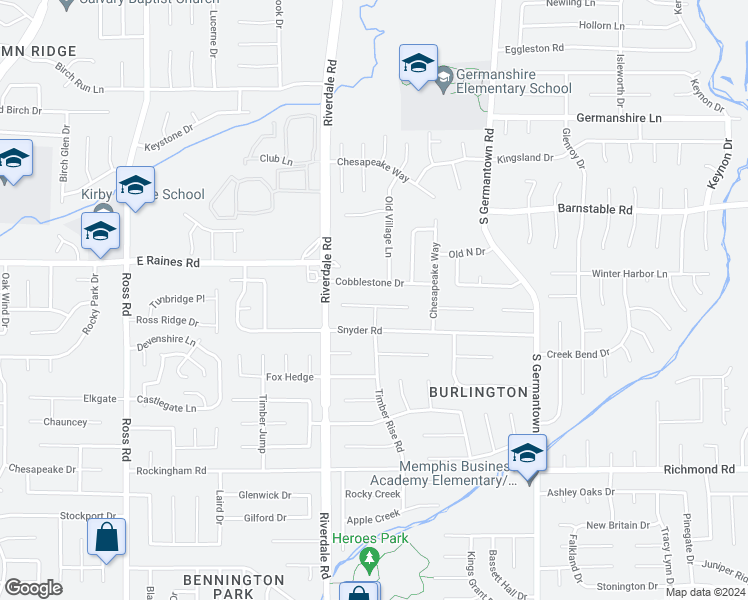 map of restaurants, bars, coffee shops, grocery stores, and more near 7018 Cross Timber Lane in Memphis