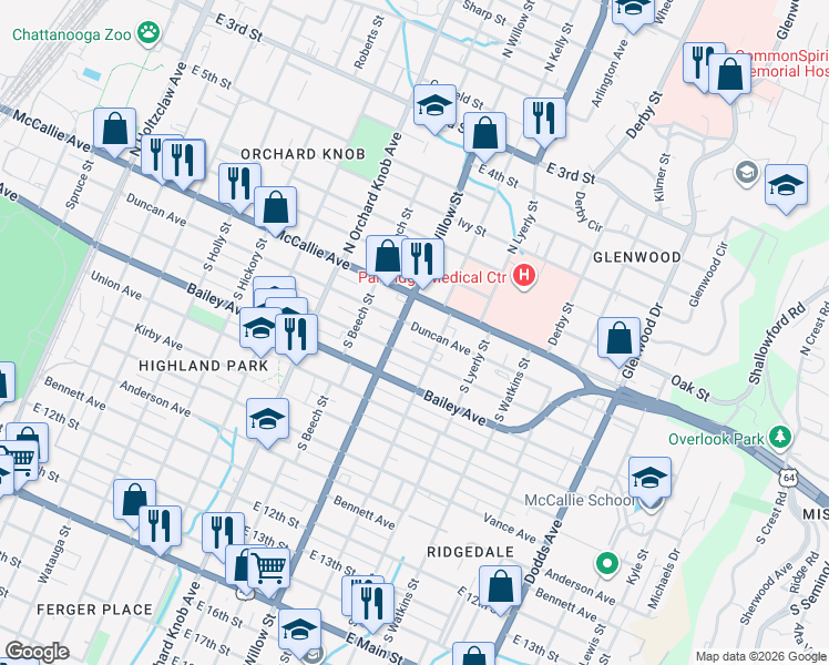 map of restaurants, bars, coffee shops, grocery stores, and more near in Chattanooga