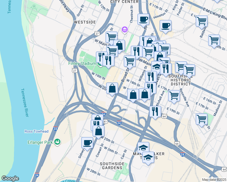 map of restaurants, bars, coffee shops, grocery stores, and more near 423 West 20th Street in Chattanooga