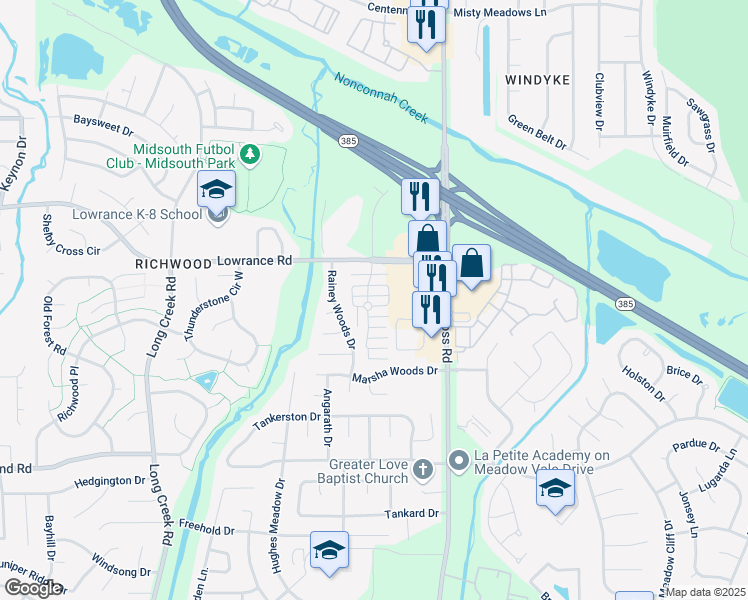 map of restaurants, bars, coffee shops, grocery stores, and more near 7920 Bay Meadow Circle South in Memphis