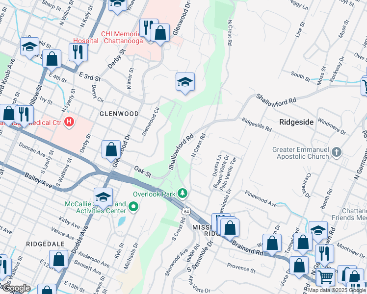 map of restaurants, bars, coffee shops, grocery stores, and more near 54 Shallowford Road in Chattanooga