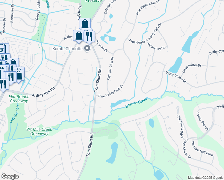 map of restaurants, bars, coffee shops, grocery stores, and more near 12424 Pine Valley Club Drive in Charlotte