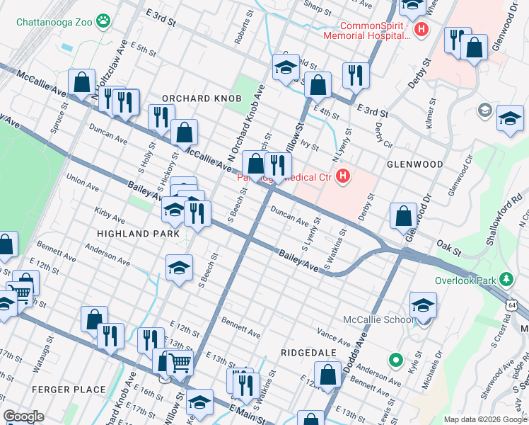 map of restaurants, bars, coffee shops, grocery stores, and more near 404 South Willow Street in Chattanooga