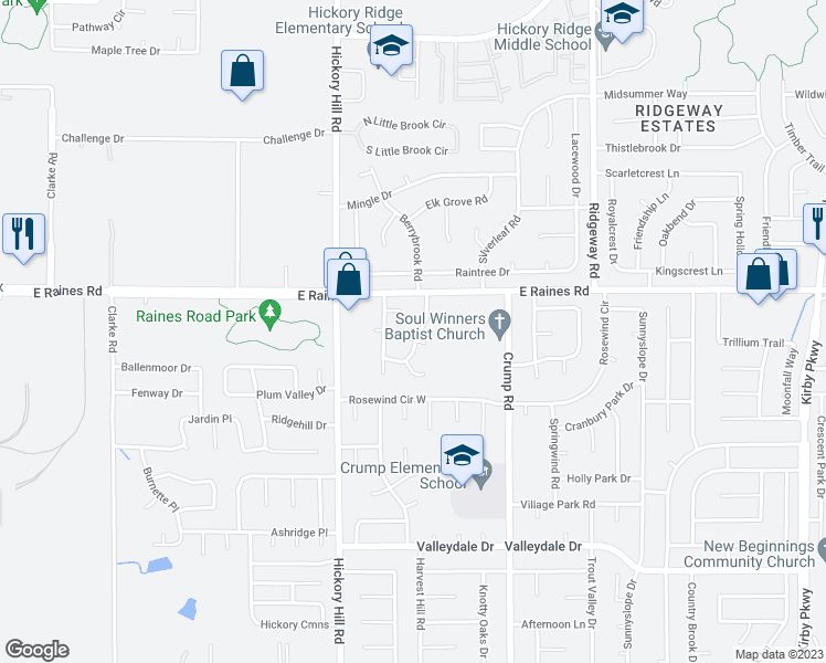 map of restaurants, bars, coffee shops, grocery stores, and more near 5992 Parktree Cove in Memphis