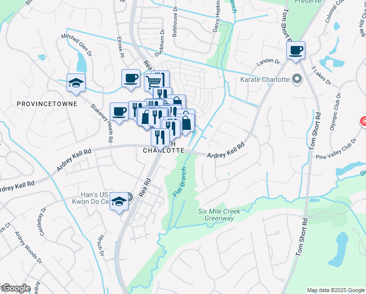 map of restaurants, bars, coffee shops, grocery stores, and more near 9923 Rea Road in Charlotte