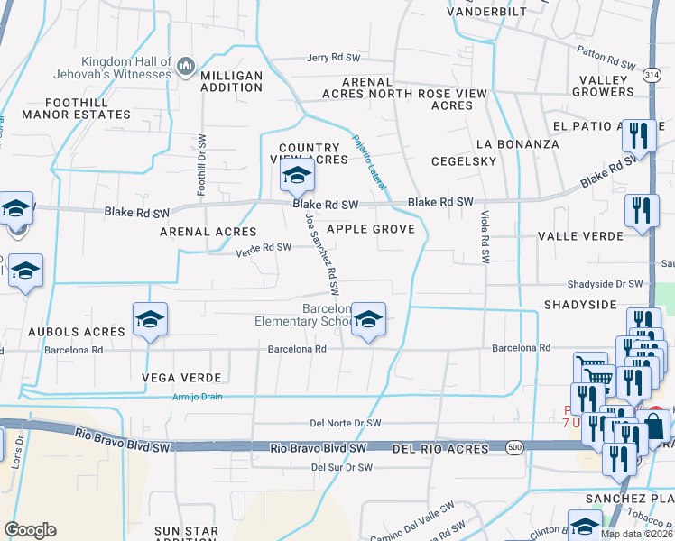 map of restaurants, bars, coffee shops, grocery stores, and more near 2810 Joe Sanchez Road Southwest in Albuquerque