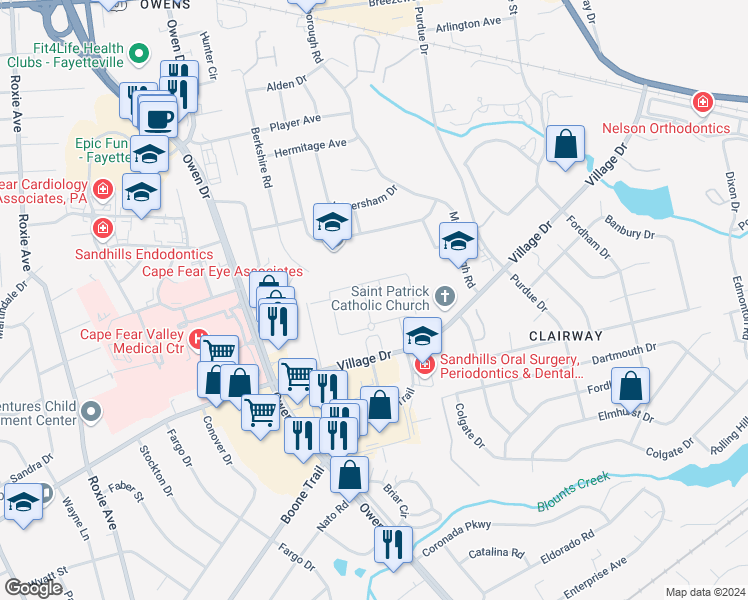 map of restaurants, bars, coffee shops, grocery stores, and more near 3311 Turtle Point Drive in Fayetteville
