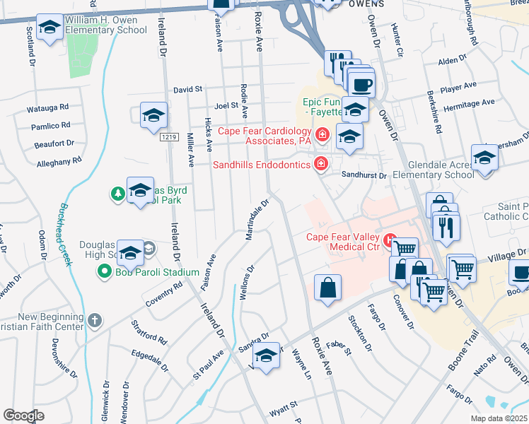 map of restaurants, bars, coffee shops, grocery stores, and more near 1009 Martindale Drive in Fayetteville