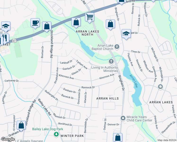 map of restaurants, bars, coffee shops, grocery stores, and more near 1434 Berriedale Drive in Fayetteville