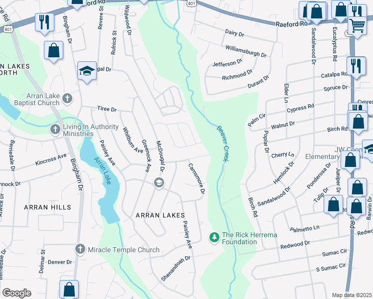 map of restaurants, bars, coffee shops, grocery stores, and more near 1439 Tangora Lane in Fayetteville