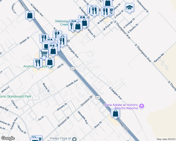 map of restaurants, bars, coffee shops, grocery stores, and more near 291 South Oakglen Avenue in Nipomo