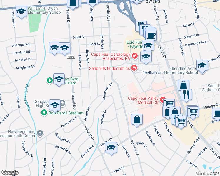 map of restaurants, bars, coffee shops, grocery stores, and more near 1009 Martindale Drive in Fayetteville