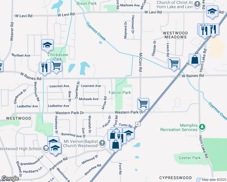 map of restaurants, bars, coffee shops, grocery stores, and more near 4212 Falcon Drive in Memphis