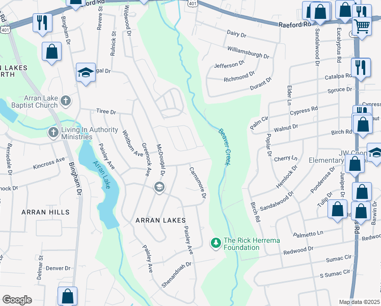 map of restaurants, bars, coffee shops, grocery stores, and more near 1439 Tangora Lane in Fayetteville