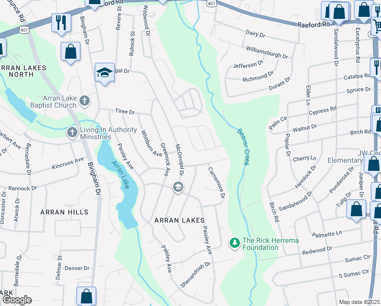 map of restaurants, bars, coffee shops, grocery stores, and more near 5750 Aftonshire Drive in Fayetteville