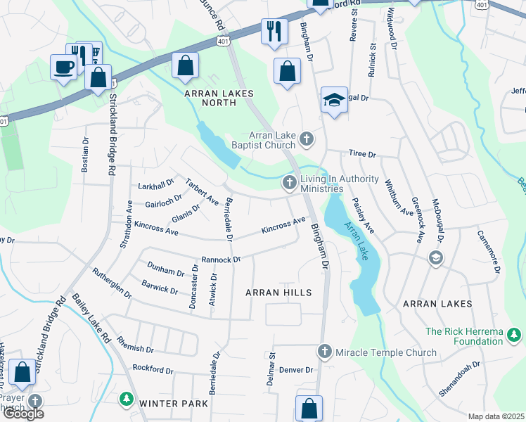 map of restaurants, bars, coffee shops, grocery stores, and more near 6325 Marykirk Drive in Fayetteville