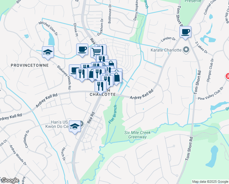 map of restaurants, bars, coffee shops, grocery stores, and more near 9911 Rea Road in Charlotte
