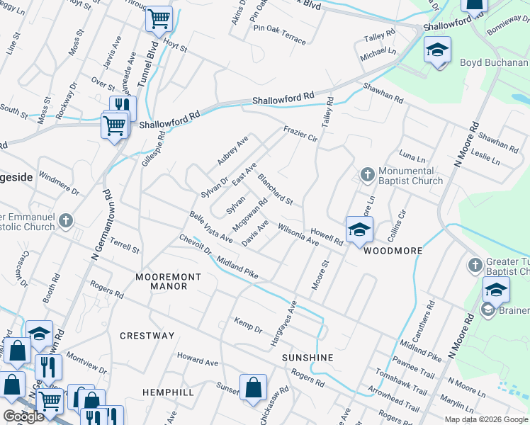 map of restaurants, bars, coffee shops, grocery stores, and more near 802 McGowan Avenue in Chattanooga