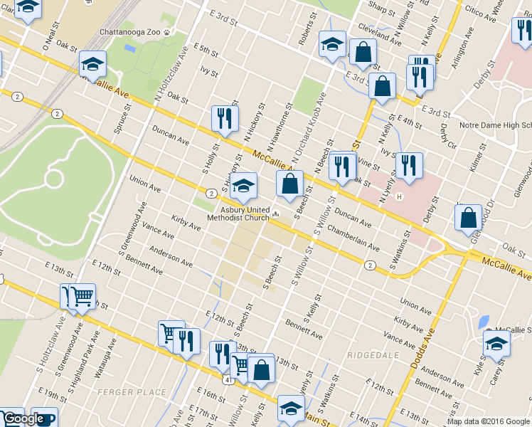 map of restaurants, bars, coffee shops, grocery stores, and more near 1807 Bailey Avenue in Chattanooga