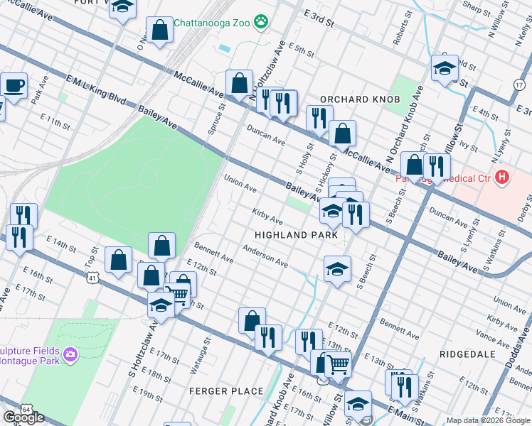 map of restaurants, bars, coffee shops, grocery stores, and more near 709 South Highland Park Avenue in Chattanooga