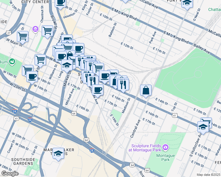 map of restaurants, bars, coffee shops, grocery stores, and more near in Chattanooga