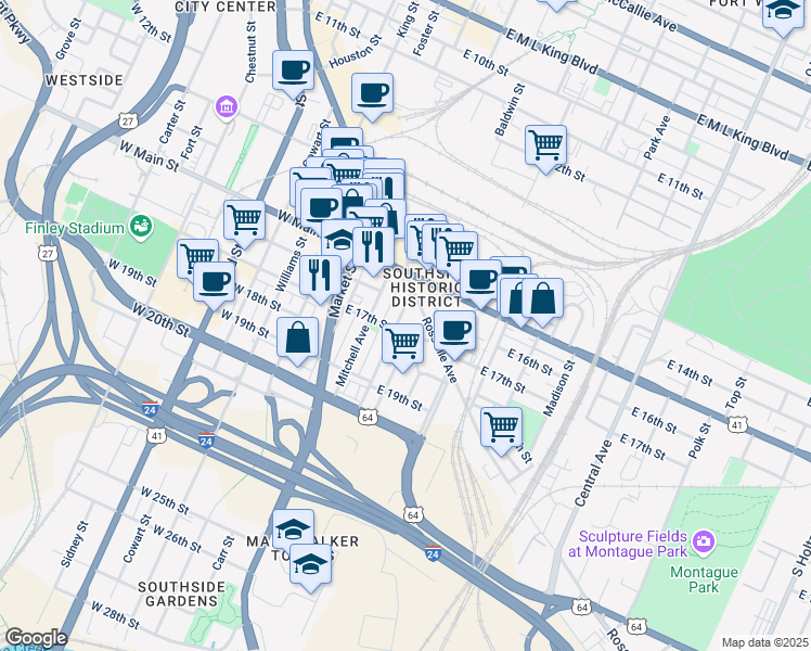map of restaurants, bars, coffee shops, grocery stores, and more near East Main Street in Chattanooga