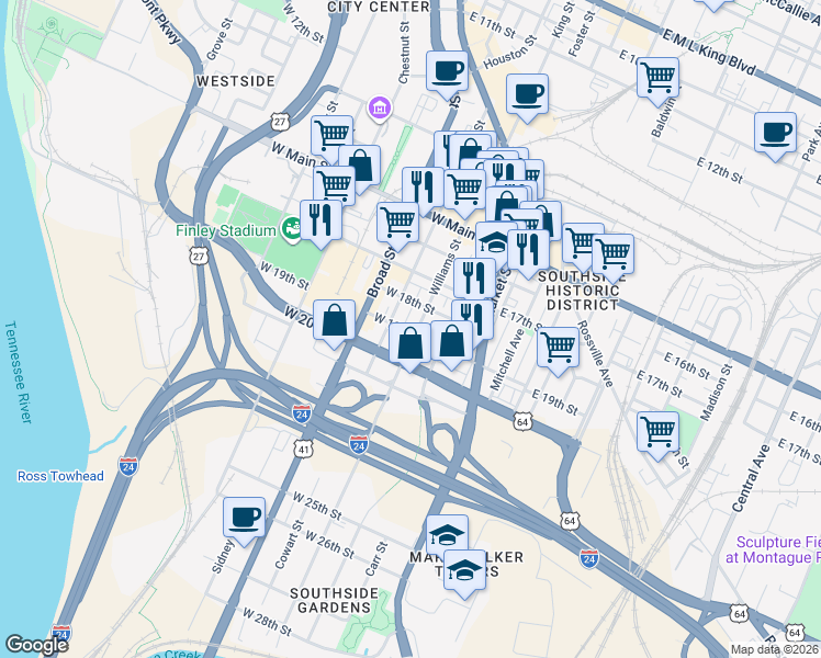 map of restaurants, bars, coffee shops, grocery stores, and more near 1809 Williams Street in Chattanooga