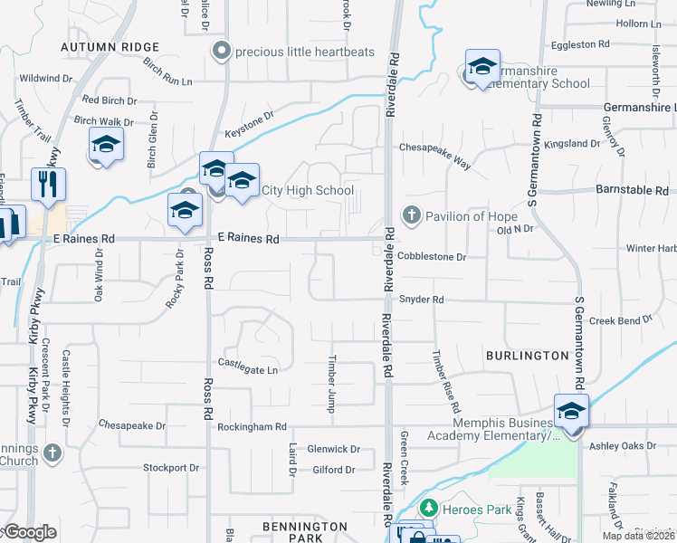 map of restaurants, bars, coffee shops, grocery stores, and more near 4184 Meadow Valley Drive East in Memphis