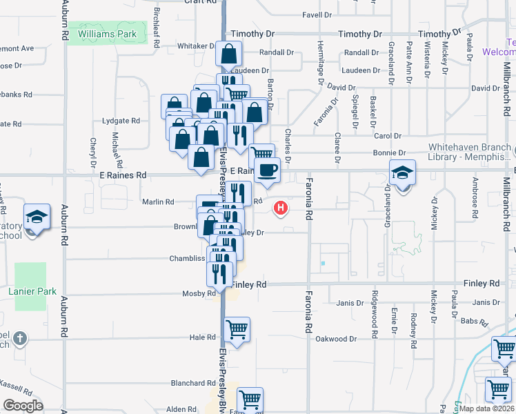 map of restaurants, bars, coffee shops, grocery stores, and more near 1245 Marlin Road in Memphis