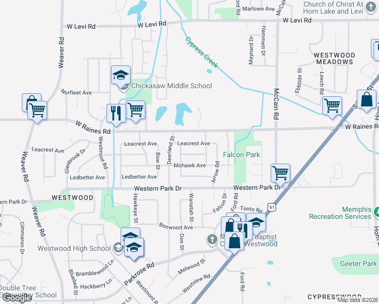 map of restaurants, bars, coffee shops, grocery stores, and more near 643 Leacrest Avenue in Memphis