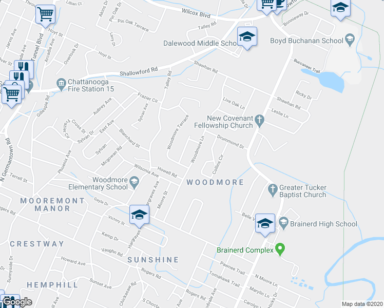 map of restaurants, bars, coffee shops, grocery stores, and more near 821 Woodmore Lane in Chattanooga