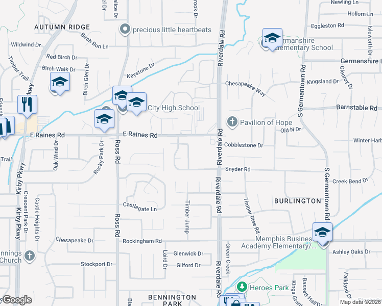 map of restaurants, bars, coffee shops, grocery stores, and more near 4184 Meadow Valley Drive East in Memphis