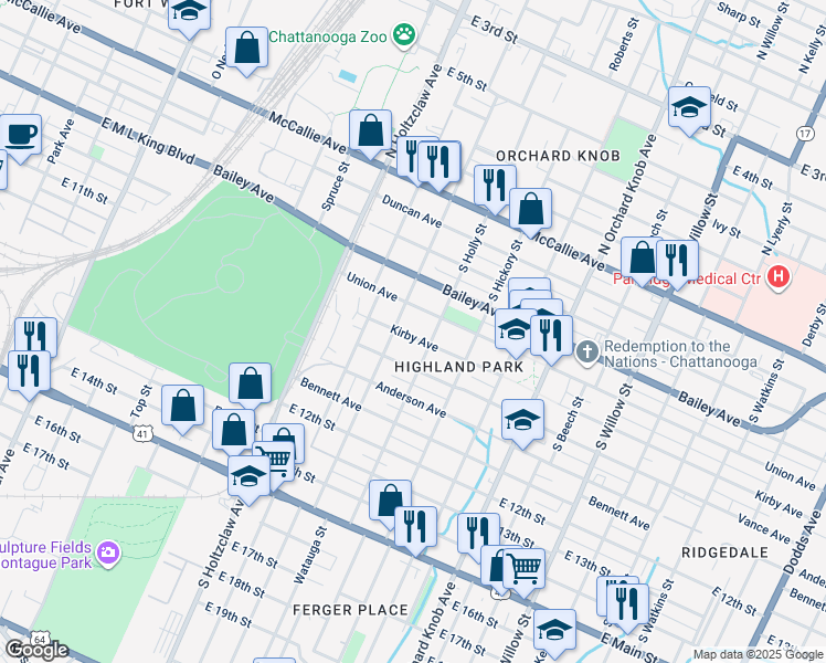 map of restaurants, bars, coffee shops, grocery stores, and more near 709 South Highland Park Avenue in Chattanooga