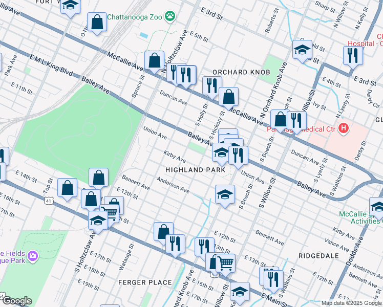 map of restaurants, bars, coffee shops, grocery stores, and more near 1516 Union Avenue in Chattanooga
