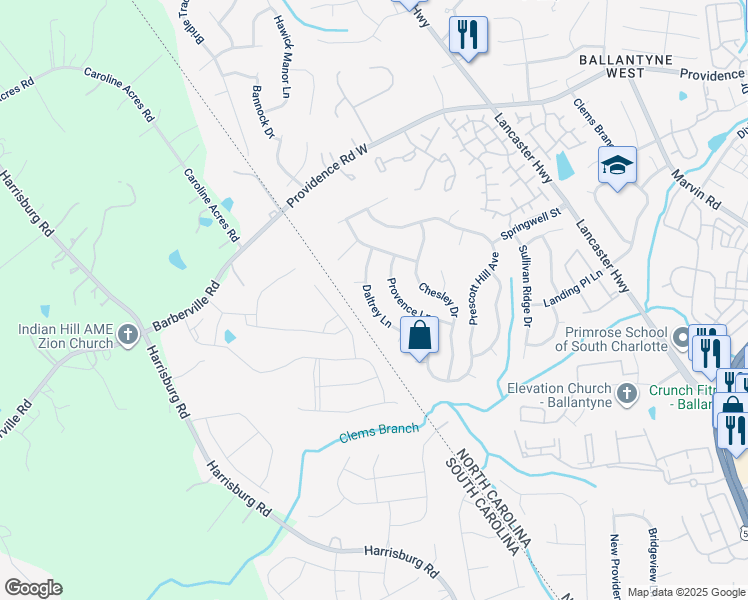 map of restaurants, bars, coffee shops, grocery stores, and more near 13817 Daltrey Lane in Charlotte