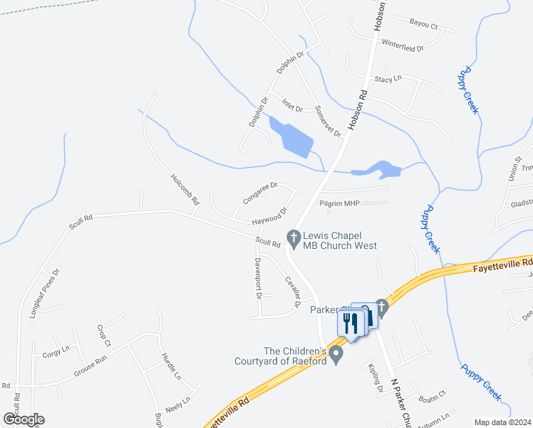map of restaurants, bars, coffee shops, grocery stores, and more near 116 Haywood Drive in Raeford