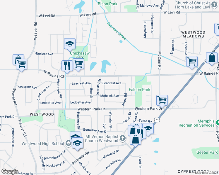 map of restaurants, bars, coffee shops, grocery stores, and more near 643 Leacrest Avenue in Memphis