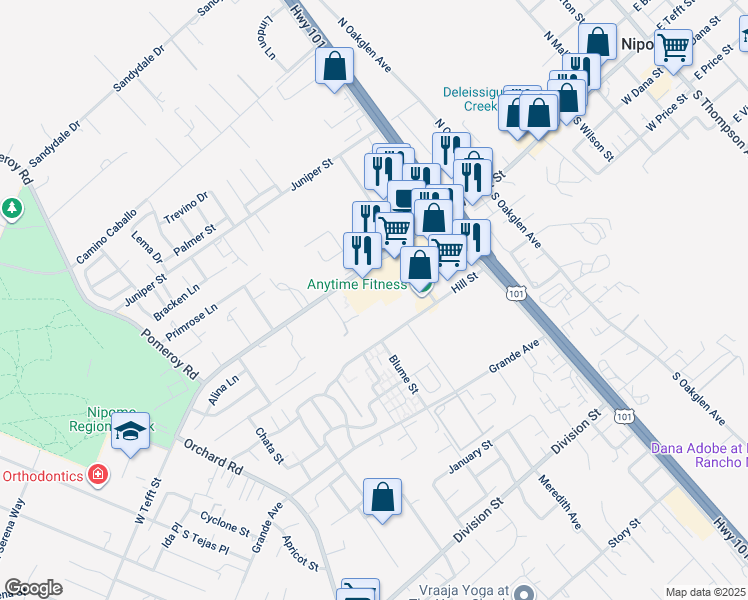 map of restaurants, bars, coffee shops, grocery stores, and more near 652 Hill Street in Nipomo