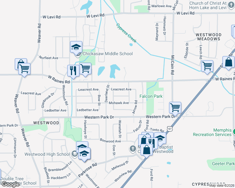 map of restaurants, bars, coffee shops, grocery stores, and more near 654 Pawnee Avenue in Memphis